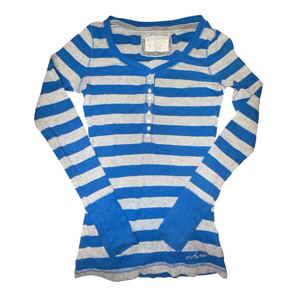 Aeropostale Blue & Gray Striped Waffle Henley Small Vintage Y2K